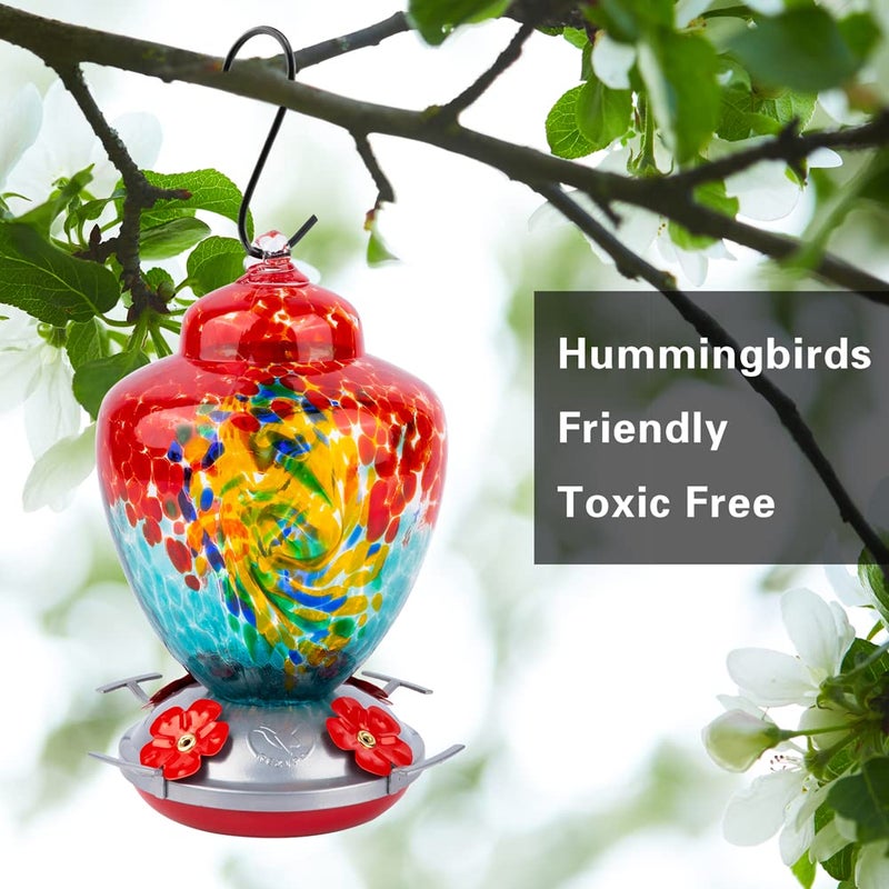 REZIPO Hummingbird Feeder with Perch - Hand Blown Glass - 38 Fluid Ounces Hummingbird Nectar Capacity Include Hanging Wires and Moat Hook (Half Red) - Image 4